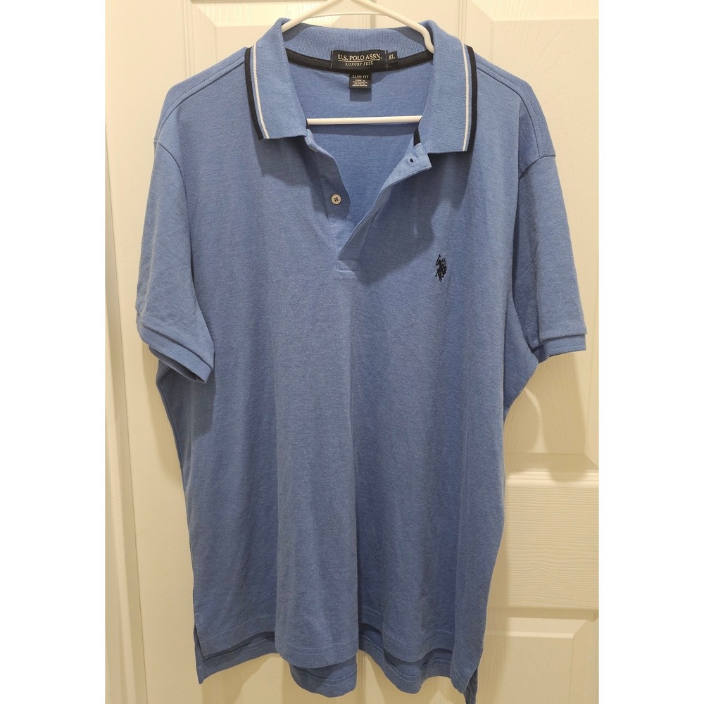US Polo Assn Luxury Feel Slim Fit Polo Shirt Mens XL Blue/White Tipped Collar